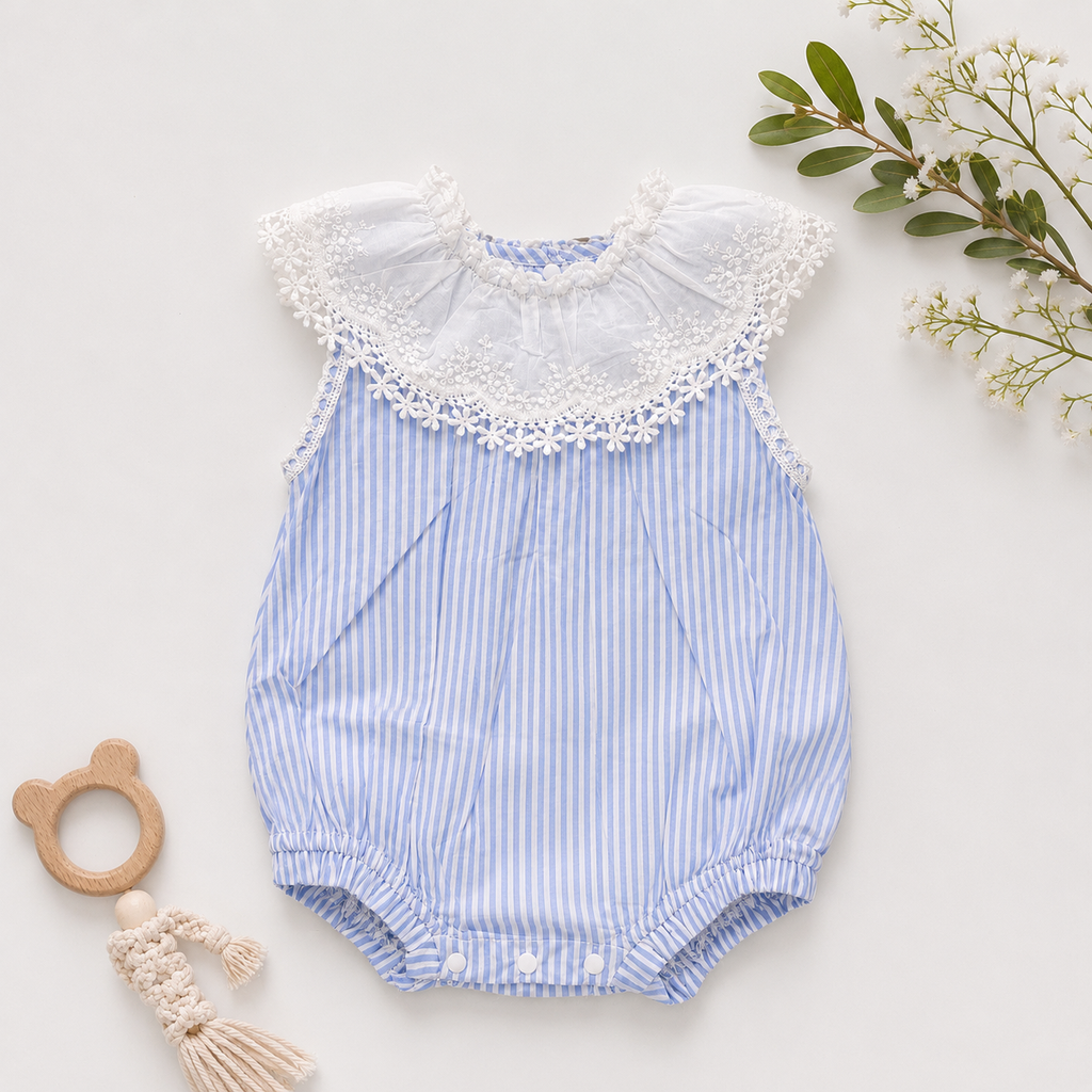 Baby Girls Blue Stripe Sleeveless Bubble Romper with Embroidered Lace Collar