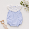 Baby Girls Blue Stripe Sleeveless Bubble Romper with Embroidered Lace Collar