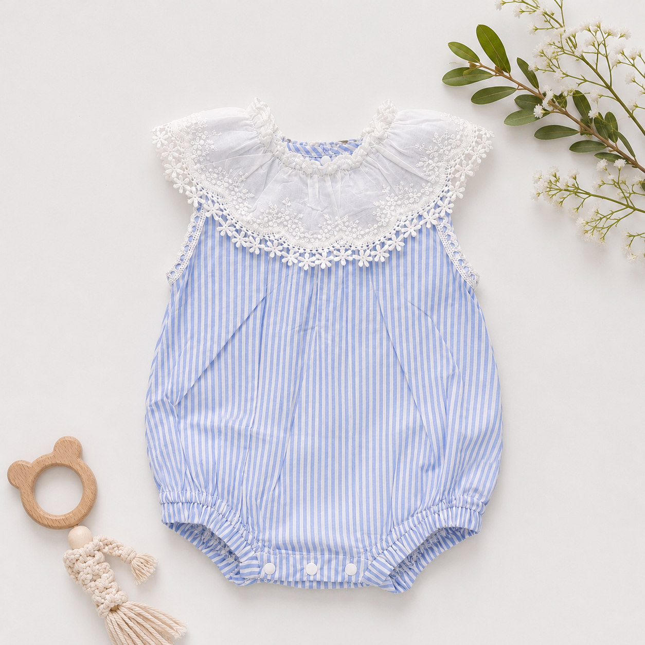 Baby Girls Blue Stripe Sleeveless Bubble Romper with Embroidered Lace Collar