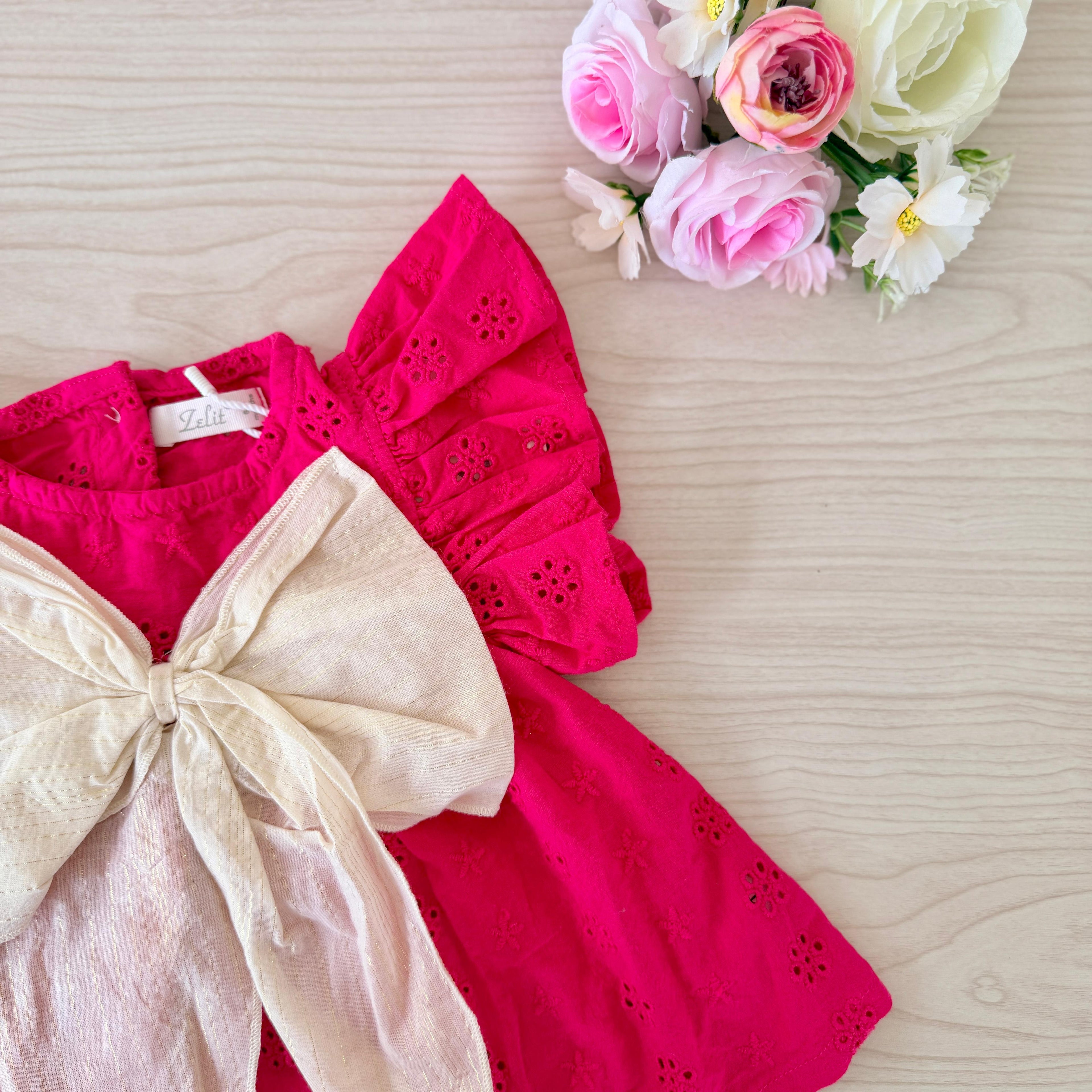 Vibrant Fuchsia Eyelet Flutter-Sleeve Top & Ruffled Shorts Set