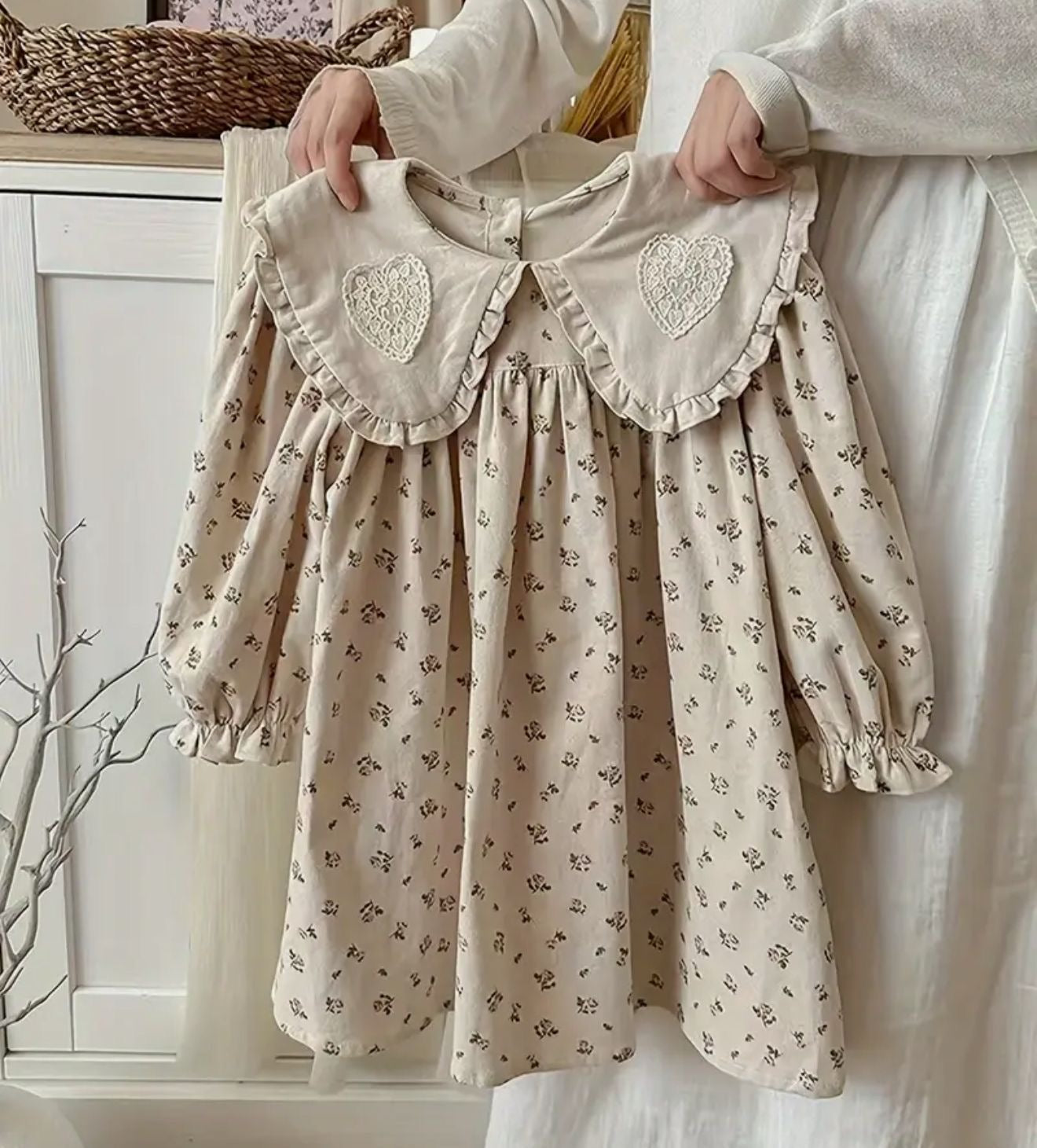 Beige Floral Baby Dress with Lace Collar | Premium Baby Girl Partywear
