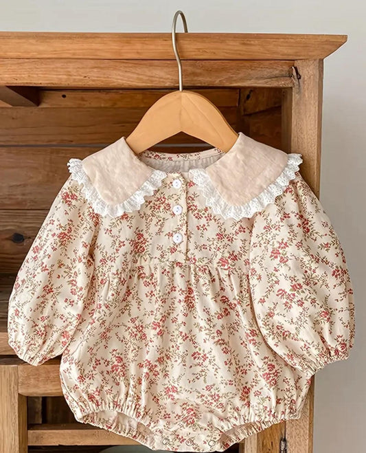 Floral Baby Girl Romper with Lace Collar