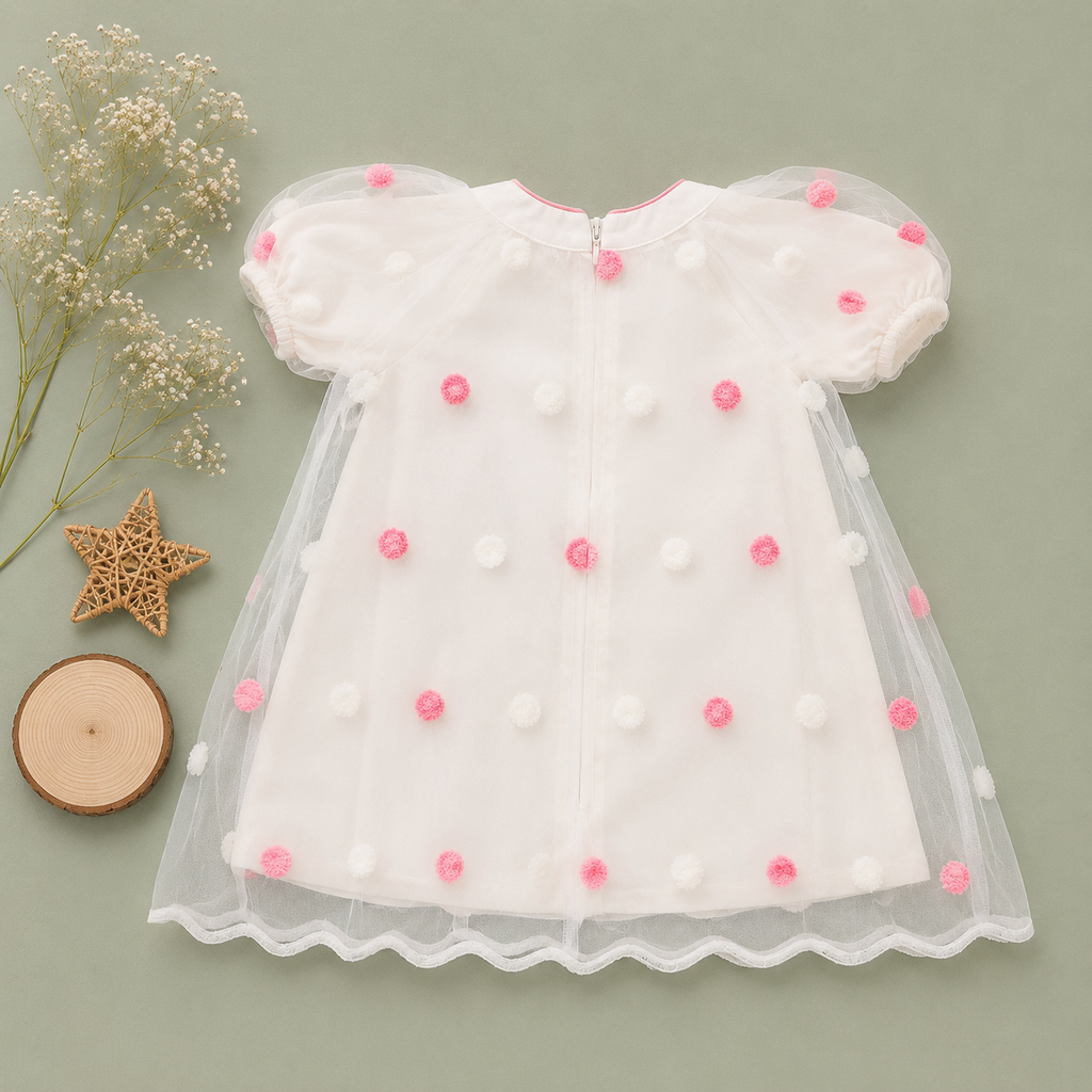 Polka Dot Tulle Overlay Frock, Blue & Pink