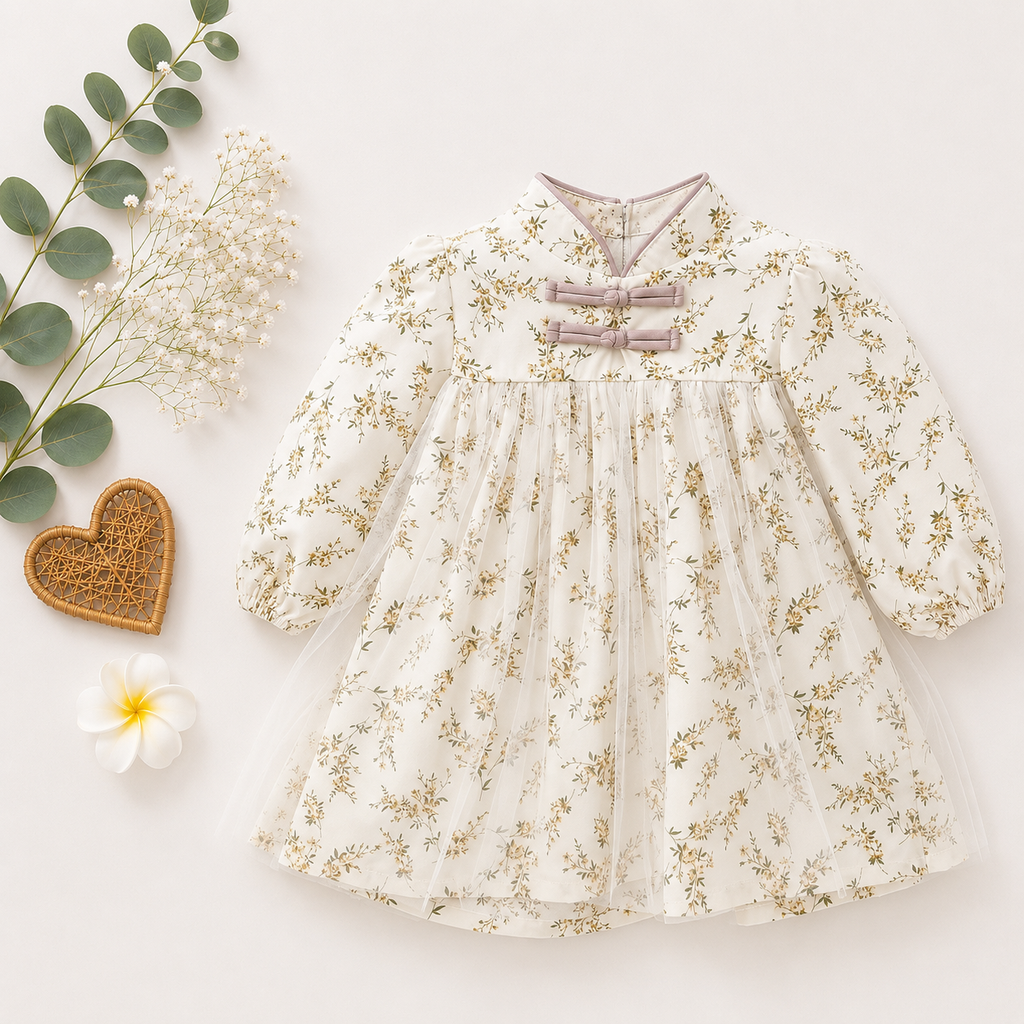 Ivory Floral Baby Dress with Bow Detail | Premium Baby Girl Partywear