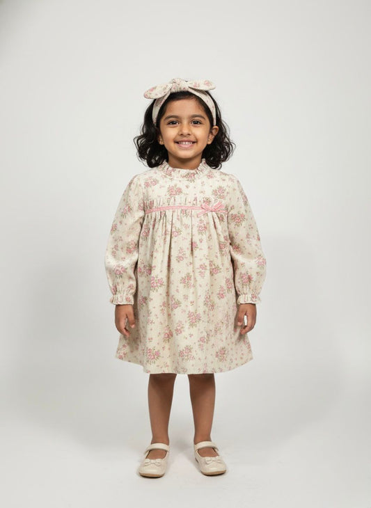 Floral Beige Baby Dress with Headband | Premium Baby Girl Partywear