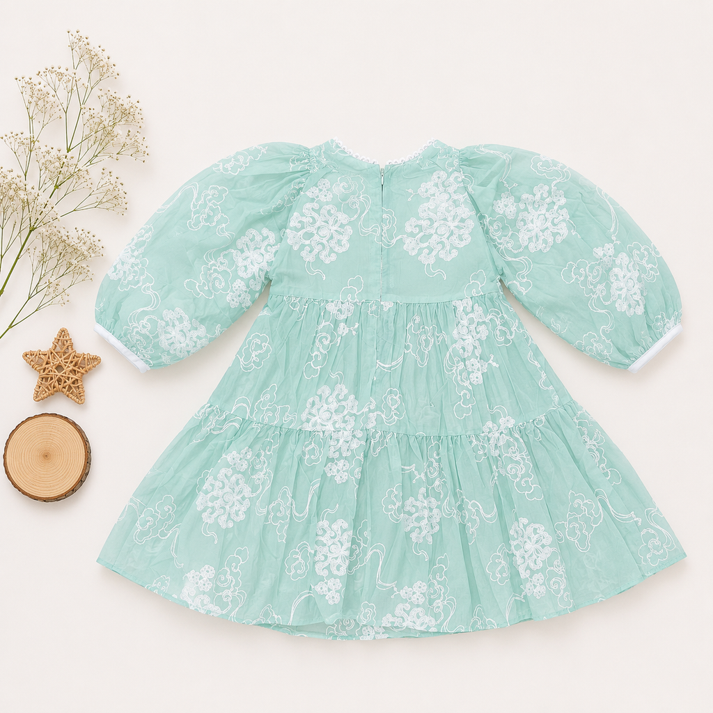 Ethereal Organza Tiered Dress with White Cloud Embroidery