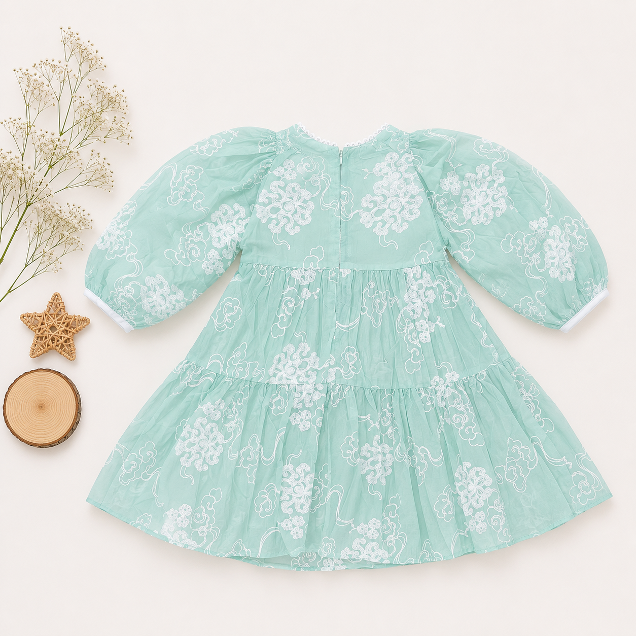 Ethereal Organza Tiered Dress with White Cloud Embroidery