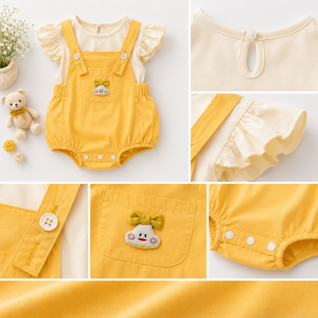 Mustard Dungaree Romper with Ruffle Sleeve Top, 2 Piece Set
