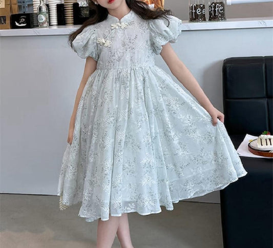 Girls’ Puff Sleeve Lace Dress – Elegant Kids Partywear