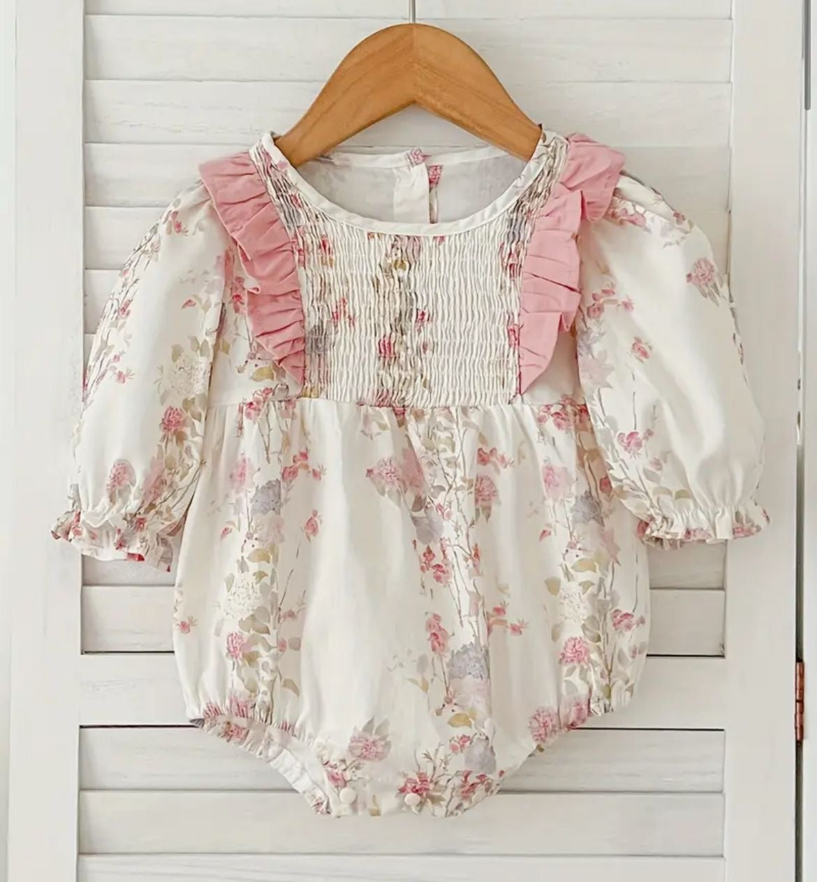 Floral Baby Romper with Smocked Bodice & Ruffle Straps | Premium Baby Girl Partywear