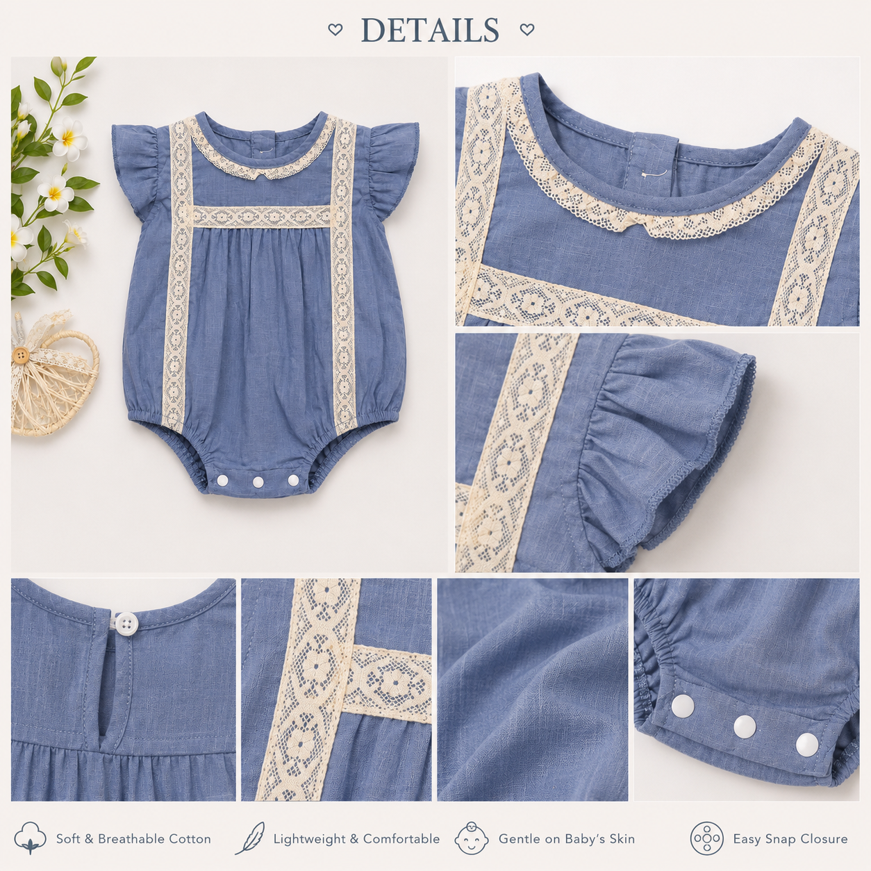 Baby Girls Blue Lace Trim Bubble Romper | Vintage Cotton Romper with Flutter Sleeves