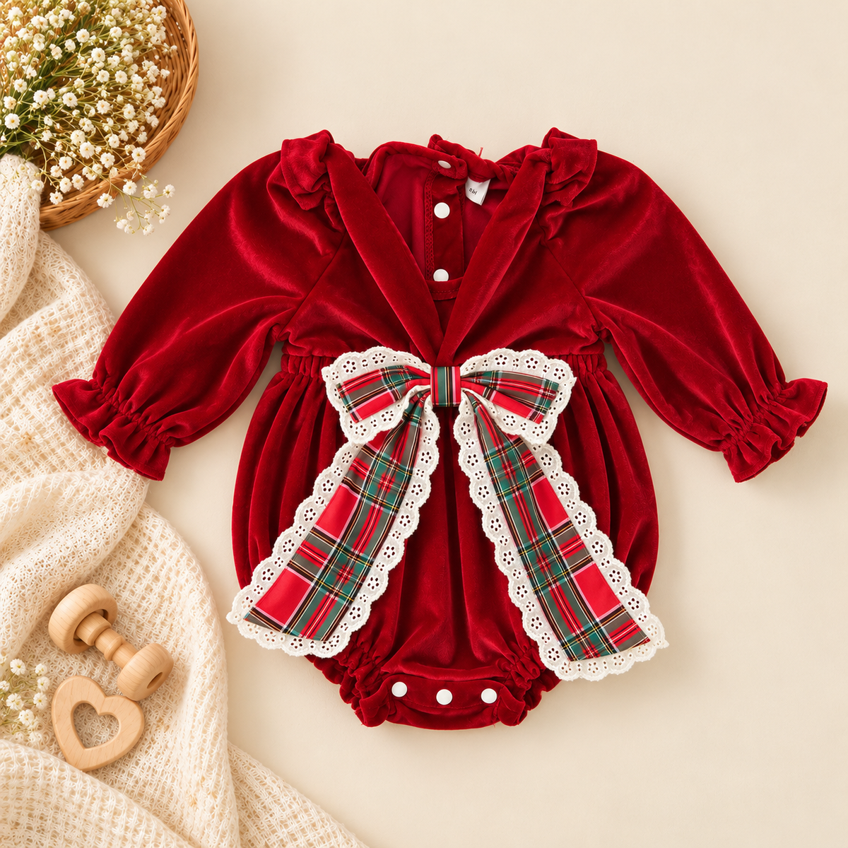 Velvet Plaid Bow Baby Girl Christmas Romper