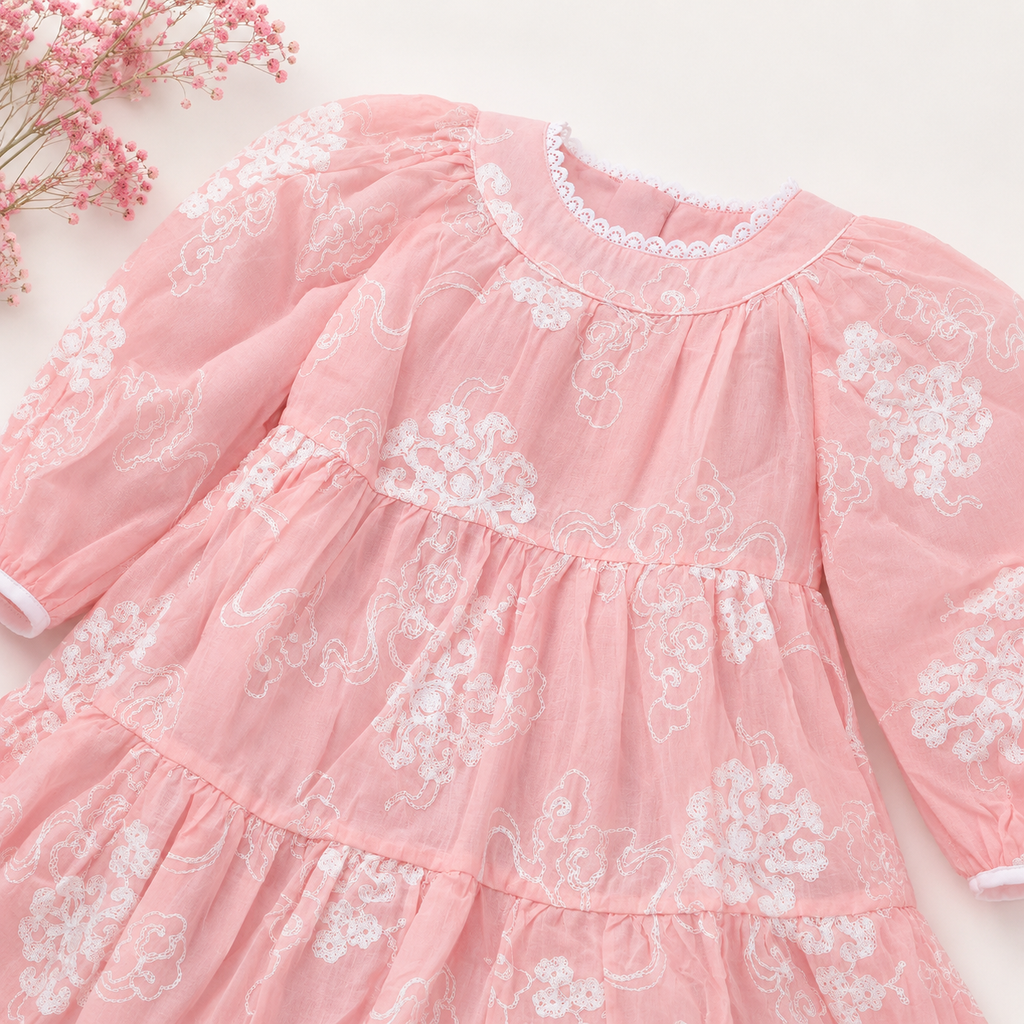Ethereal Organza Tiered Dress with White Cloud Embroidery