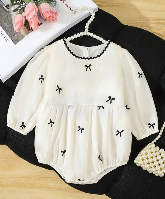 Off White Organza Romper with Black Bow Embellishments