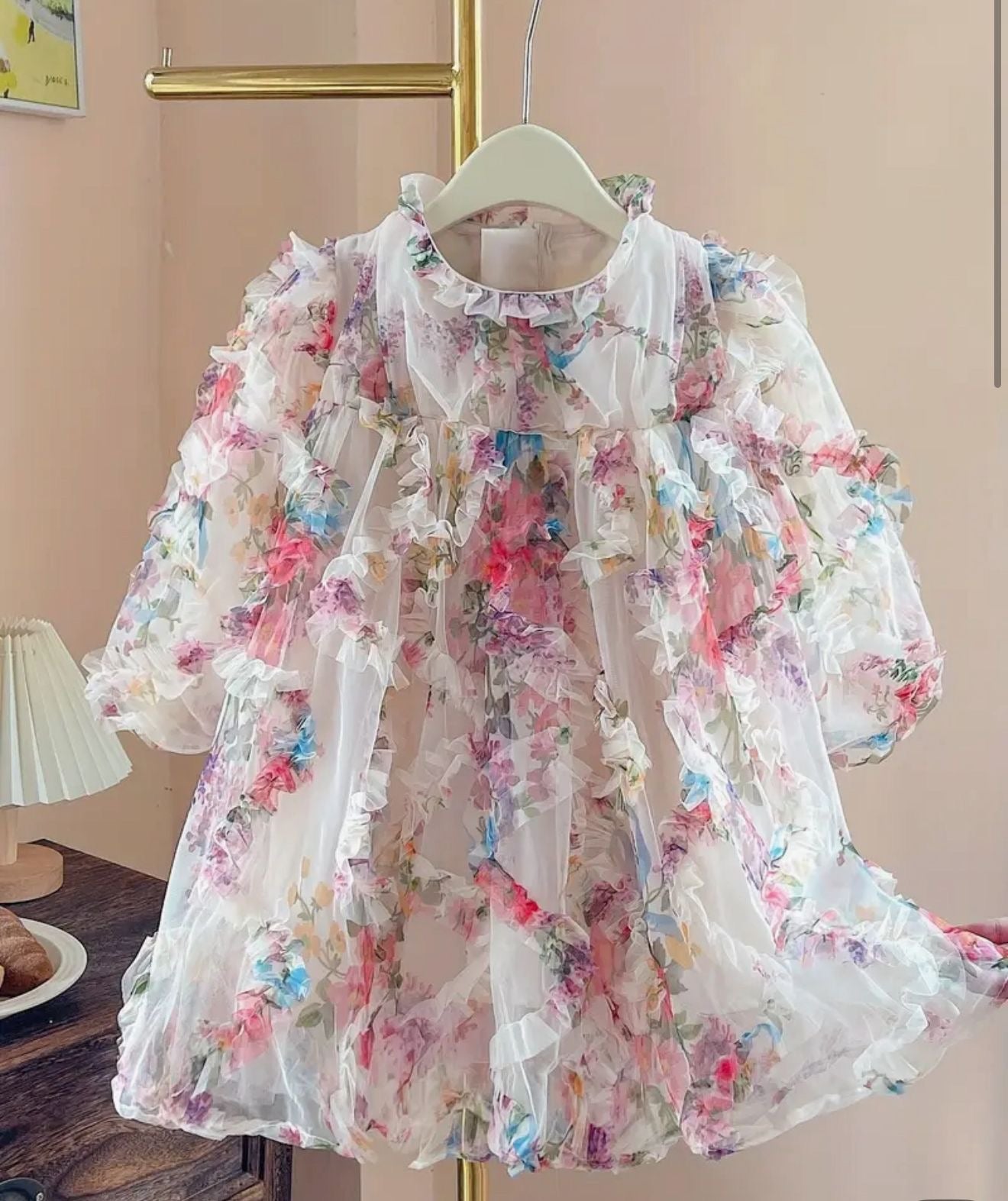 Floral Chiffon Baby Party Dress with Ruffle Sleeves | Premium Baby Girl Occasion Wear