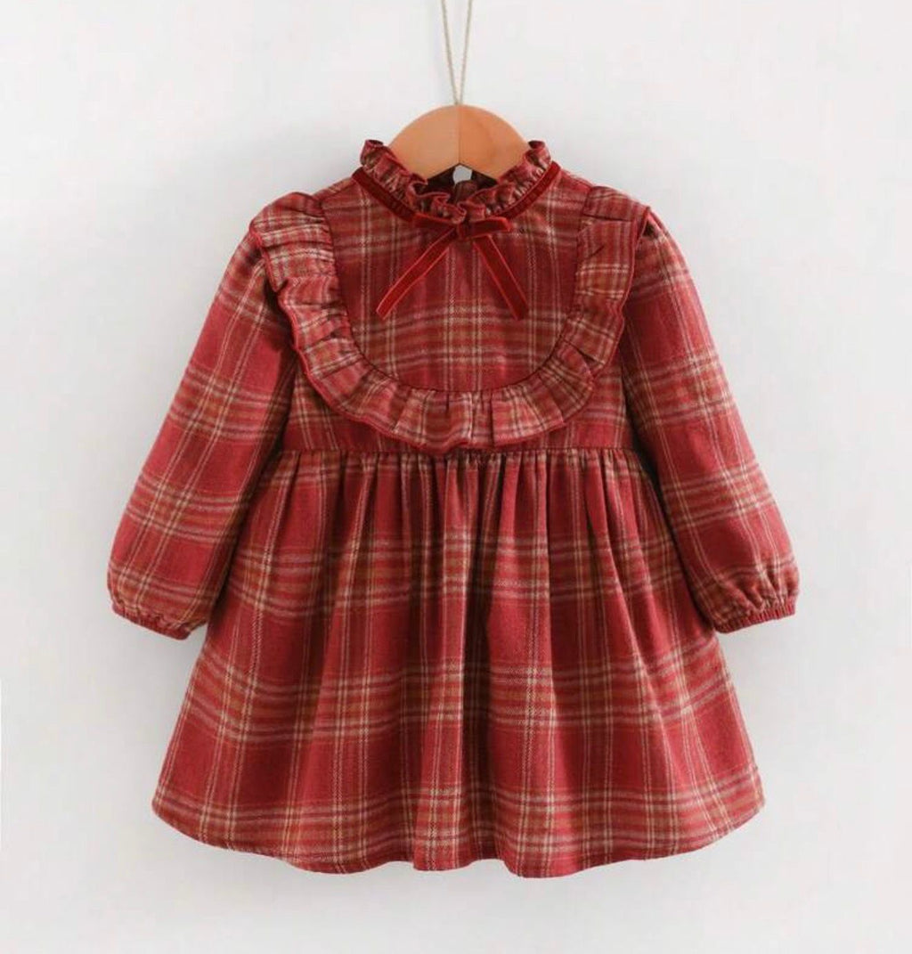 Plaid Ruffle Long Sleeve Dress for Baby Girls