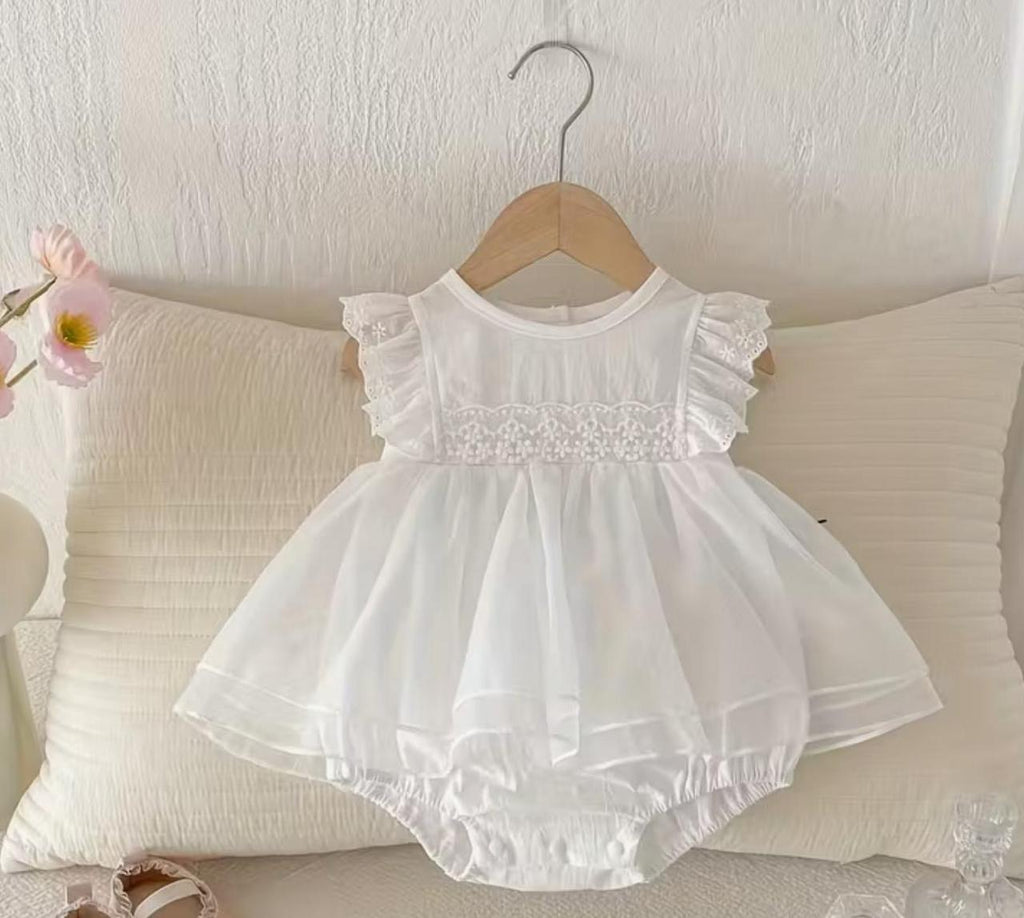 White Baby Girl Dress Romper – Premium Cotton Newborn