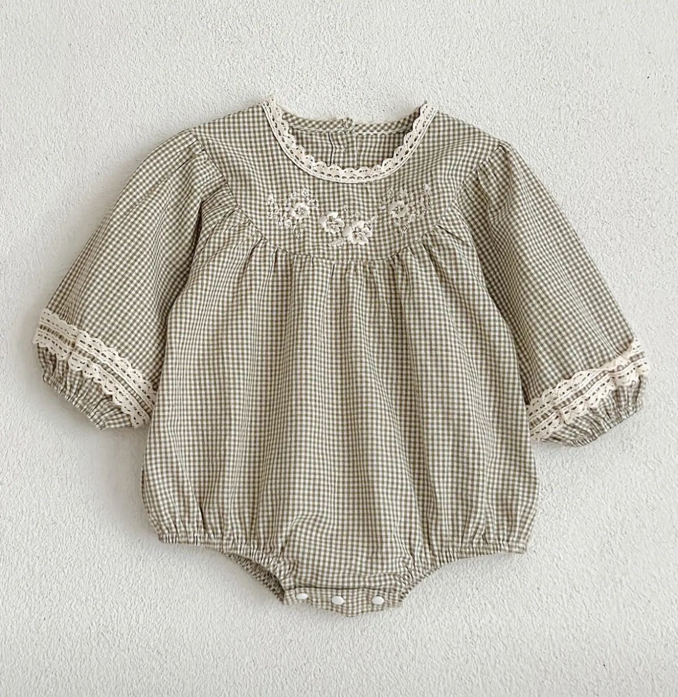 Beige Gingham Baby Romper with Lace Trim | Premium Baby Girl Wear