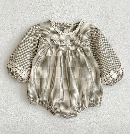 Beige Gingham Baby Romper with Lace Trim | Premium Baby Girl Wear