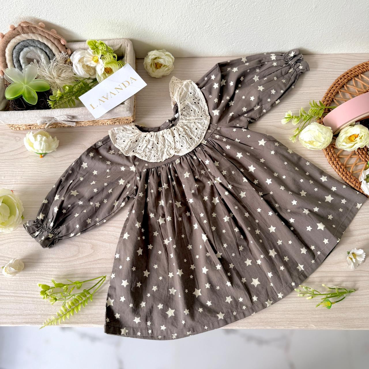 Charcoal Star Print Eyelet Collar Dress