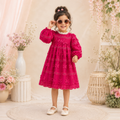 Vintage Lace-Trimmed Smocked Dress with 3D Floral Bow Appliqués (Fuchsia)