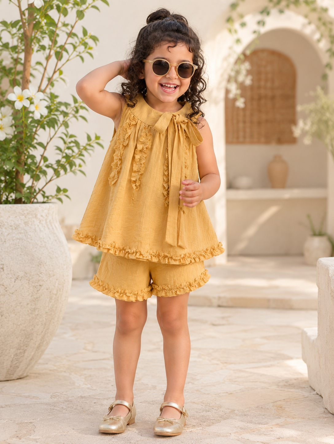 Lace Collar Ruffle Top, Beige & Yellow
