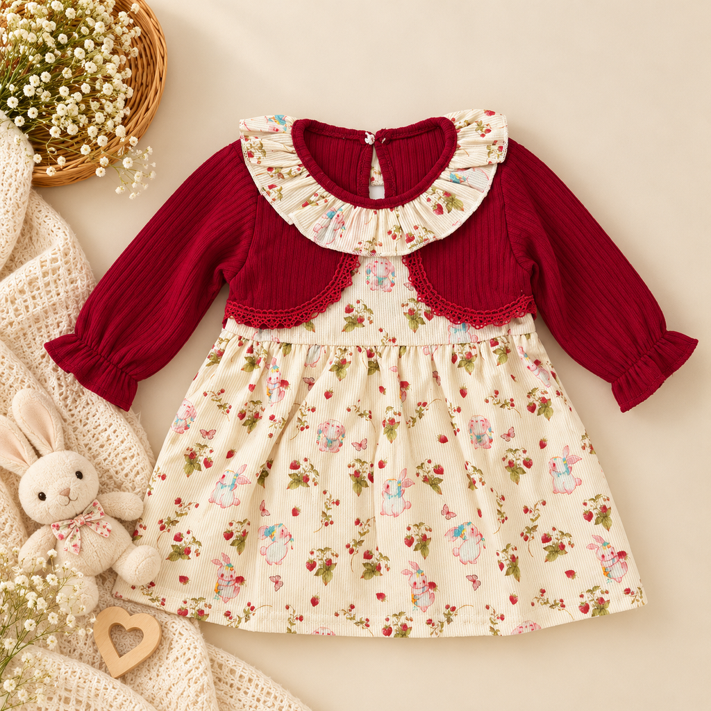 Floral Long Sleeve Baby Girl Dress with Strawberry Purse