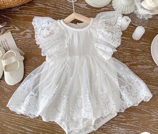 White Lace Flutter-Sleeve Baby Romper Dress