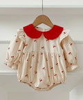 Cream Cherry Print Baby Romper with Red Collar | Premium Baby Girl Partywear