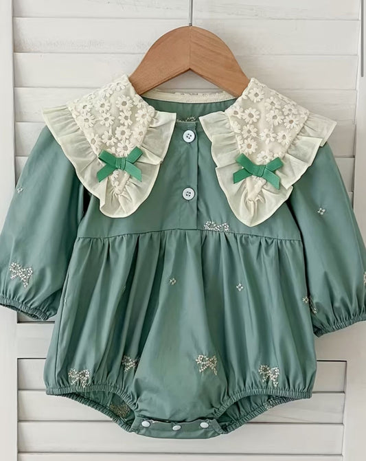 Green Butterfly Collar Full Sleeve Romper
