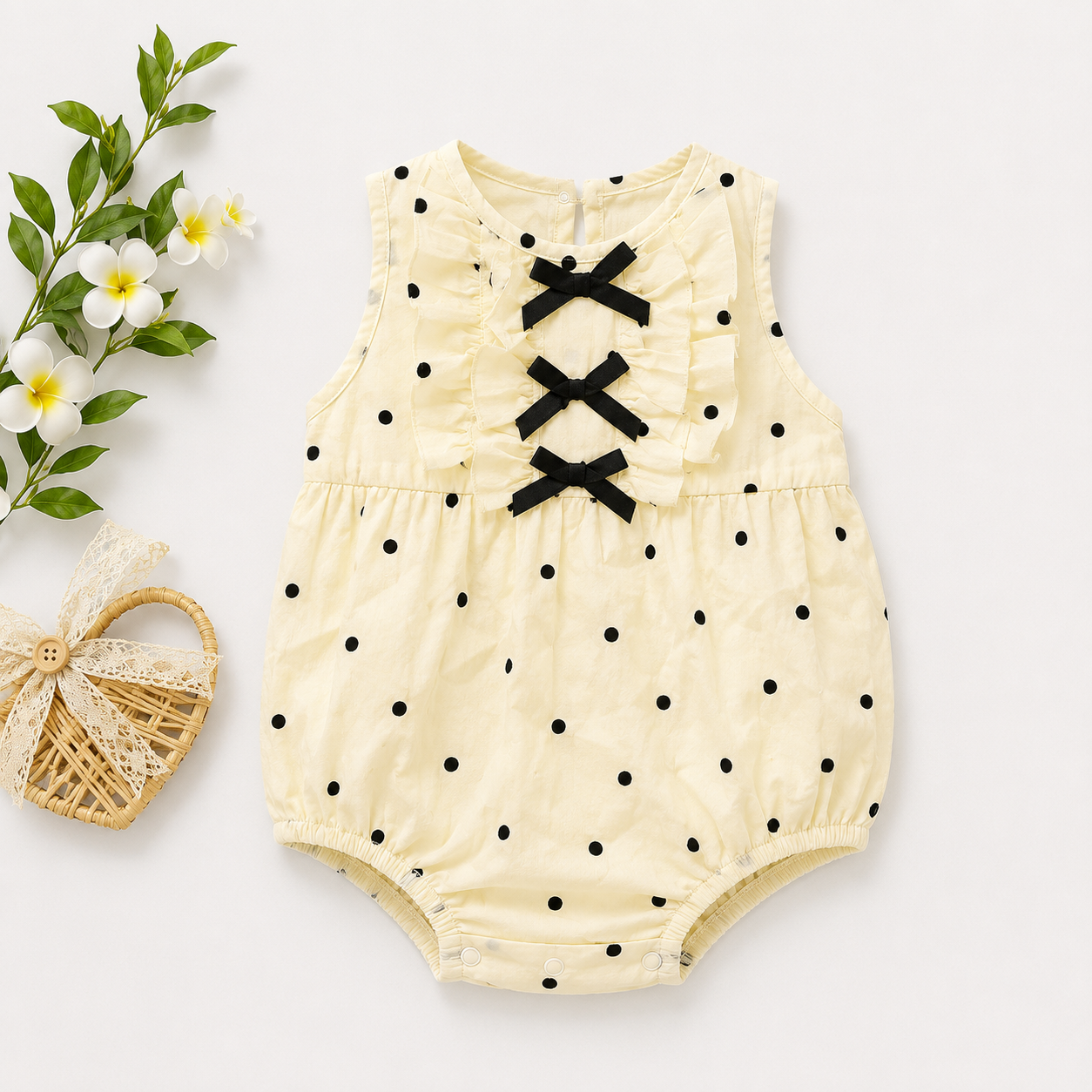 Baby Girls Cream Polka Dot Bubble Romper with Triple Bow Detail