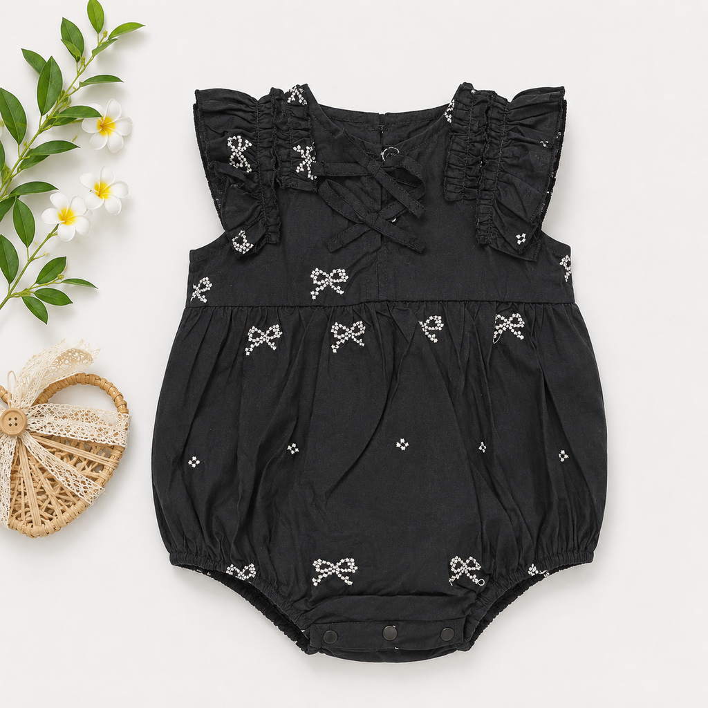 Baby Girls Black Bow Print Bubble Romper with Ruffle Sleeves