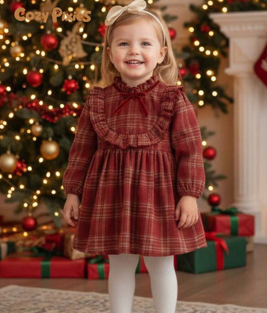 Plaid Ruffle Long Sleeve Dress for Baby Girls