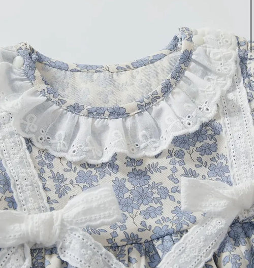 Blue Floral Baby Romper with Bow Detail | Premium Baby Girl Partywear