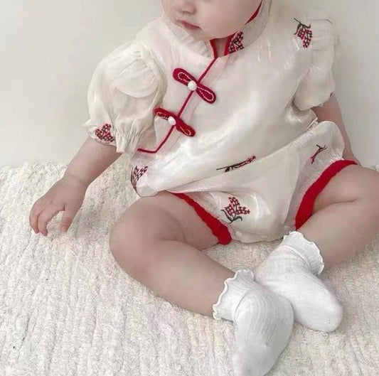 Baby Girl Oriental Style Romper with Headband – Cream & Red