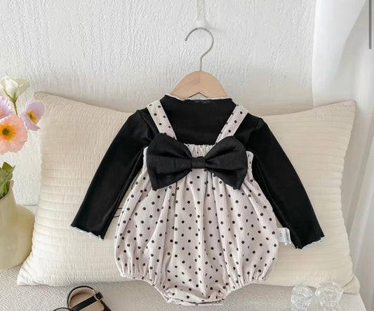 Black & White Polka Dot Romper Dress for Baby Girls with Bow Detail