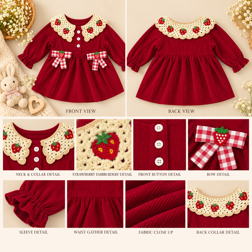 🍓 Strawberry Collar Baby Girl Long Sleeve Dress