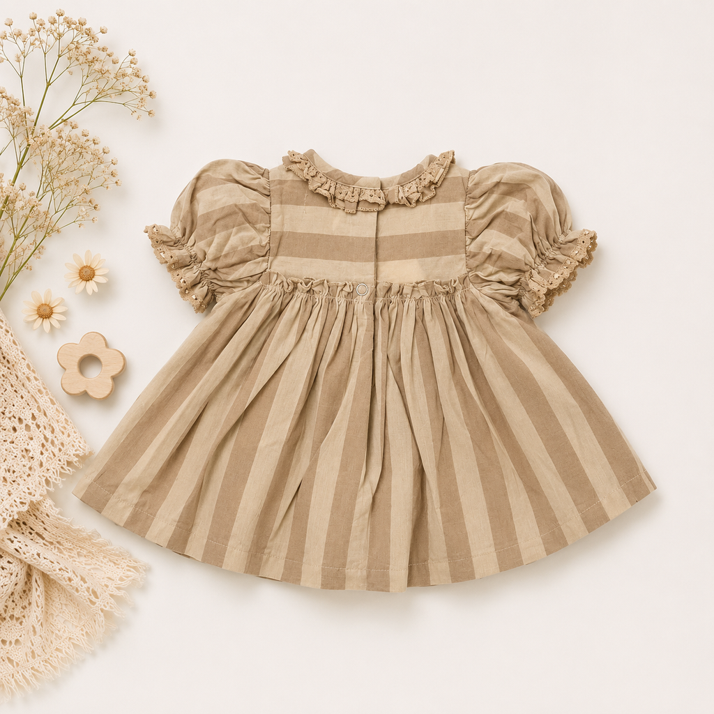 Beige Striped Baby Girl Dress | Puff Sleeve Cotton Dress for Girls (0–2 Years)