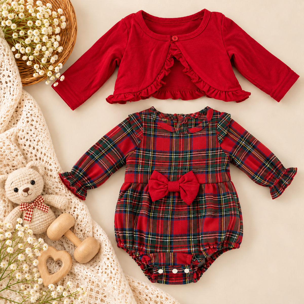 Plaid Baby Girl Holiday Romper & Cardigan Set