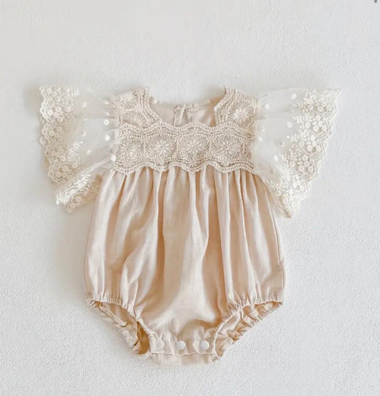 Ivory Lace Flutter Sleeve Baby Romper – Vintage Floral Embroidery