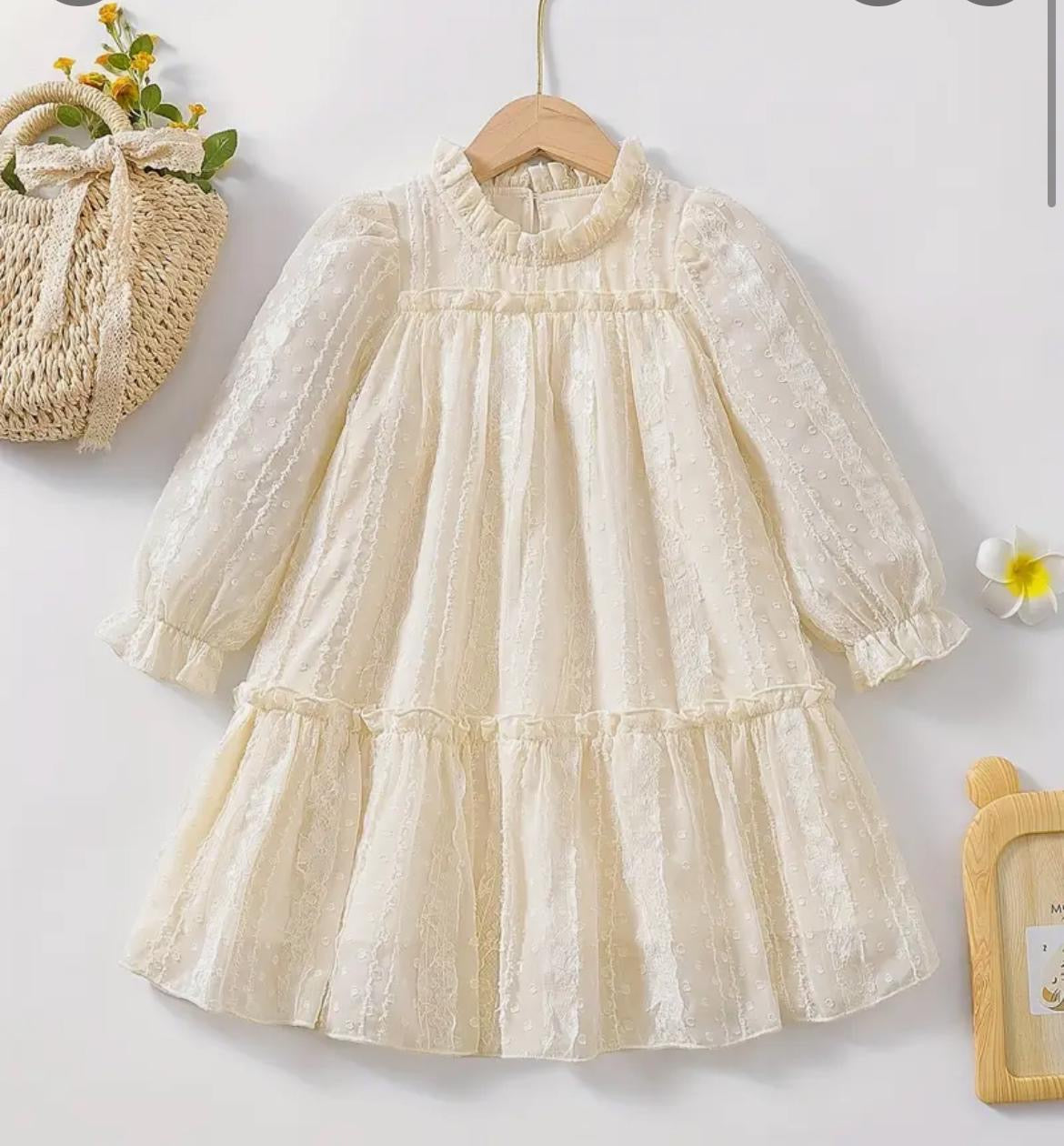 Elegant Cream Textured A-Line Dress with Ruffle Neck – Baby Girls