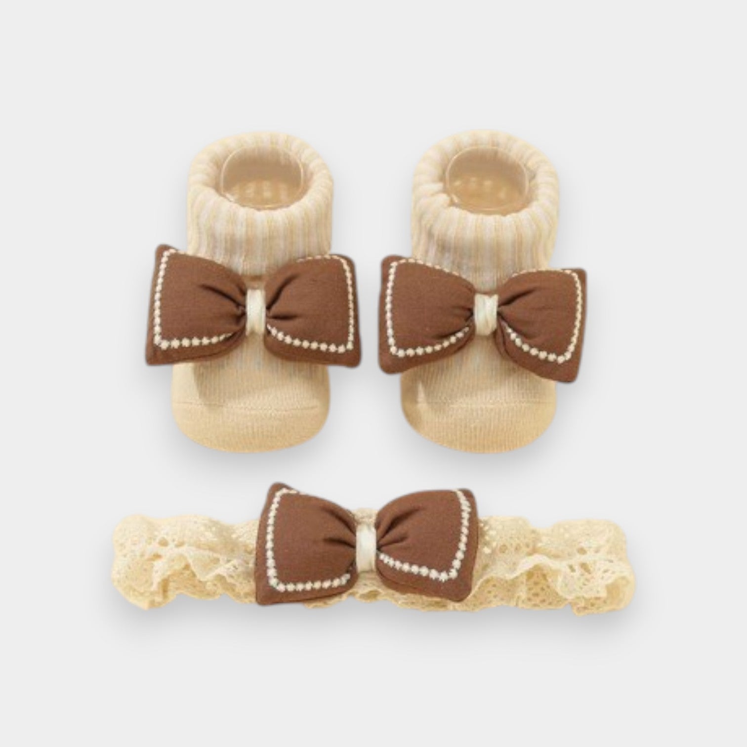 Mocha Stitched Bow Sock & Headband Set