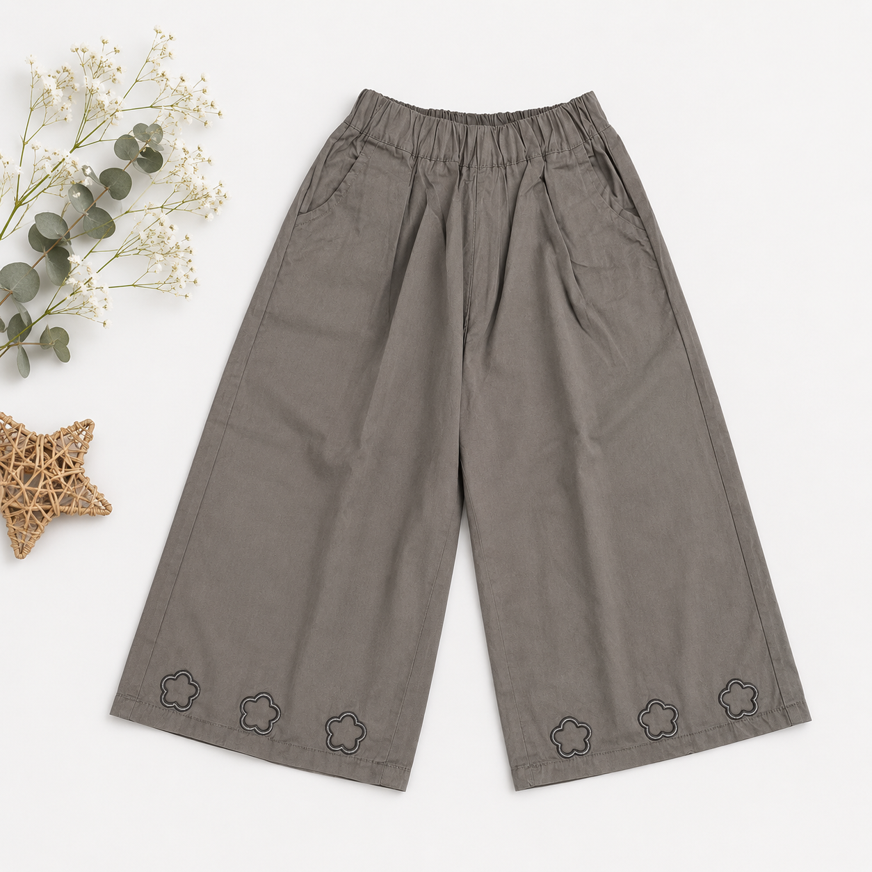 Wide-Leg Pants with Eyelet Embroidery, Pink & Grey