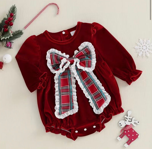 Ruby Velvet Plaid Bow Romper