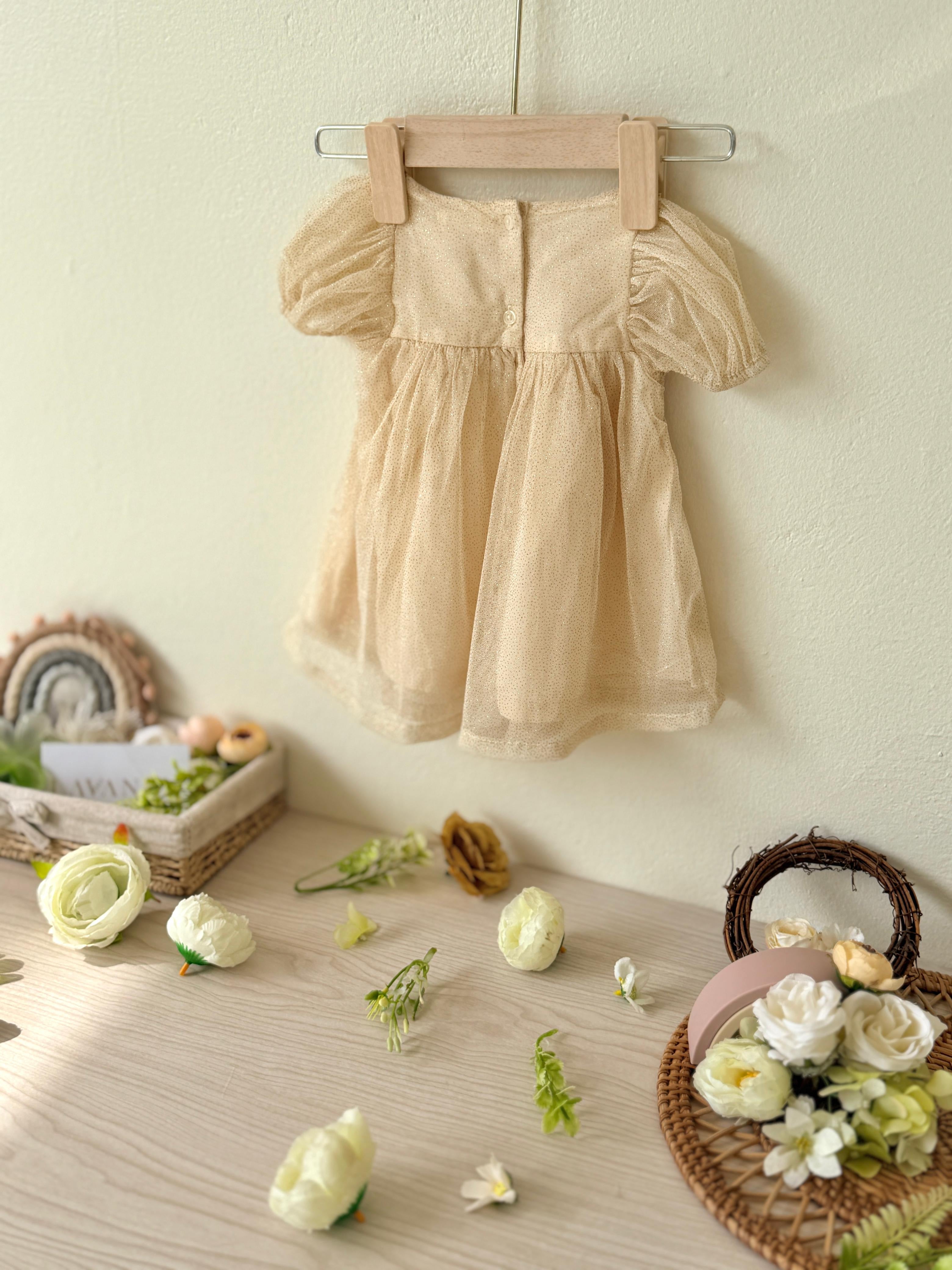Cream Shimmer Tulle Bow Front Dress