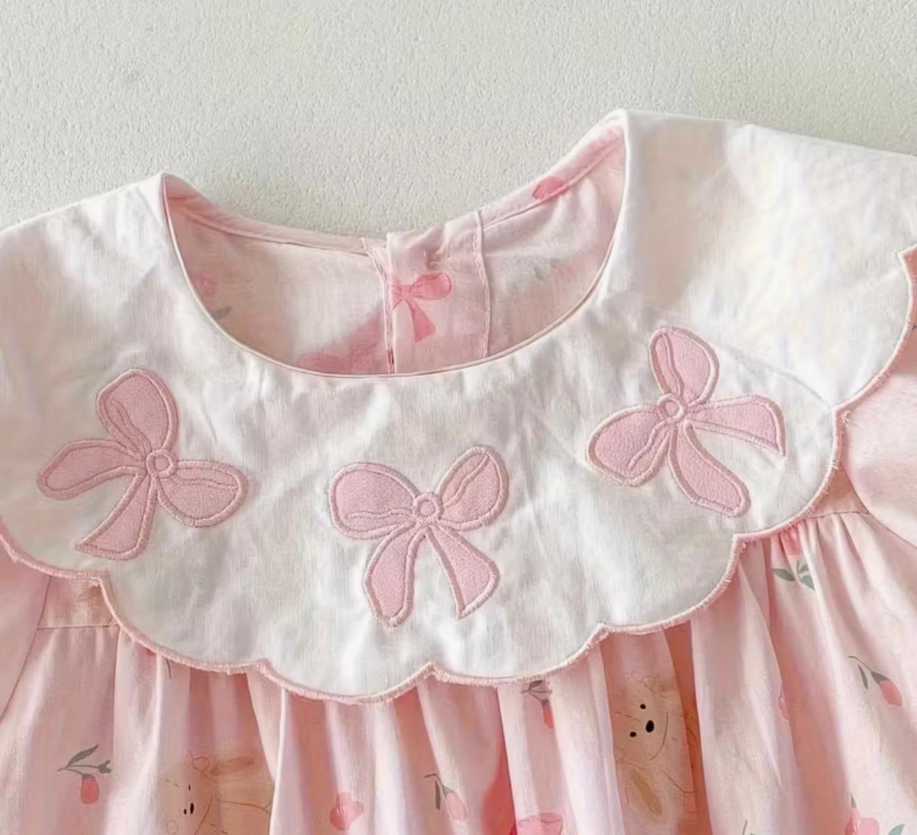 Baby Girl Pink Printed Romper Dress with Bow Collar