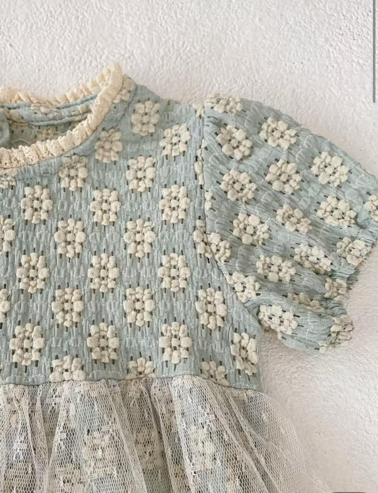 Green Half Sleeved Round Neck Romper with soft net Frills