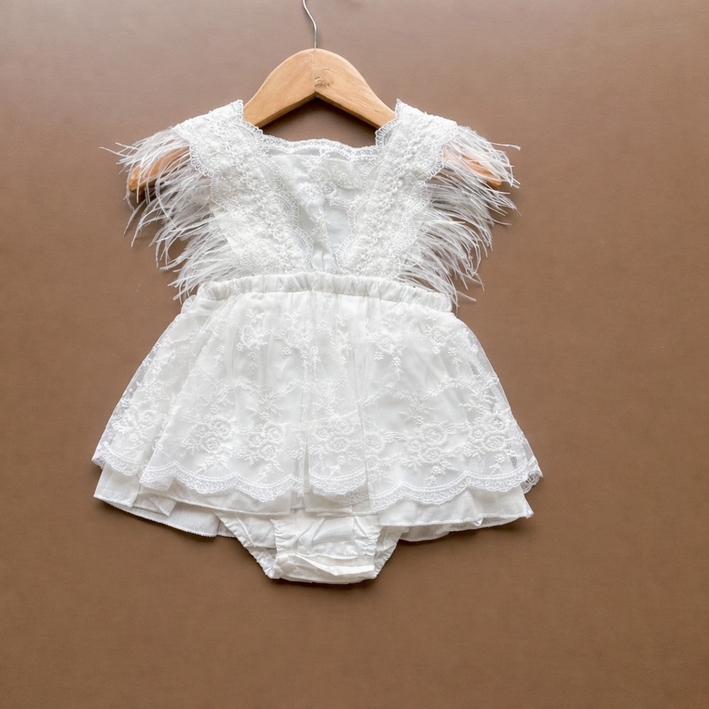 White Lace Baby Party Dress with Tulle Sleeves | Premium Baby Girl Occasion Wear