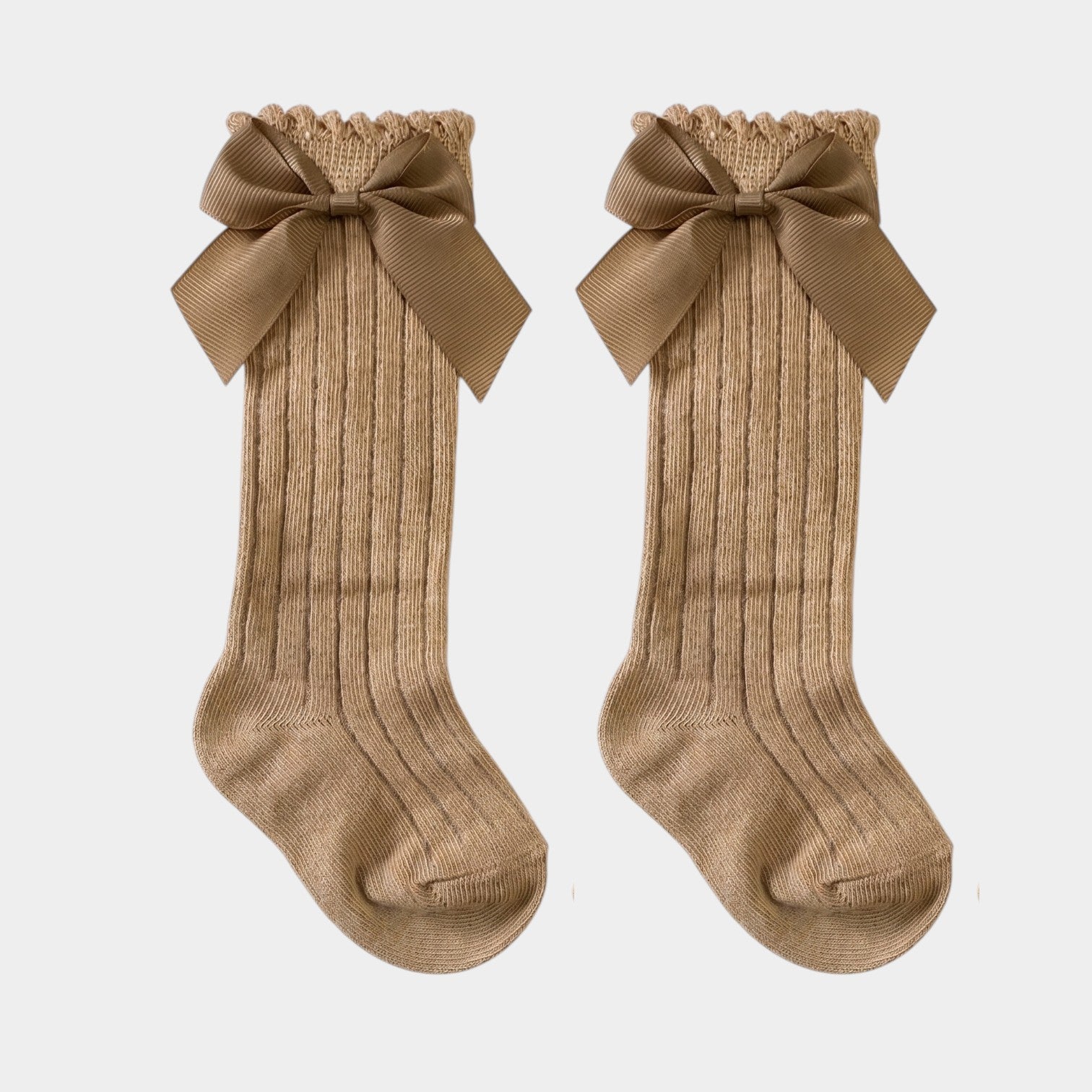 Warm Camel Ribbed Bow Knee-Highs