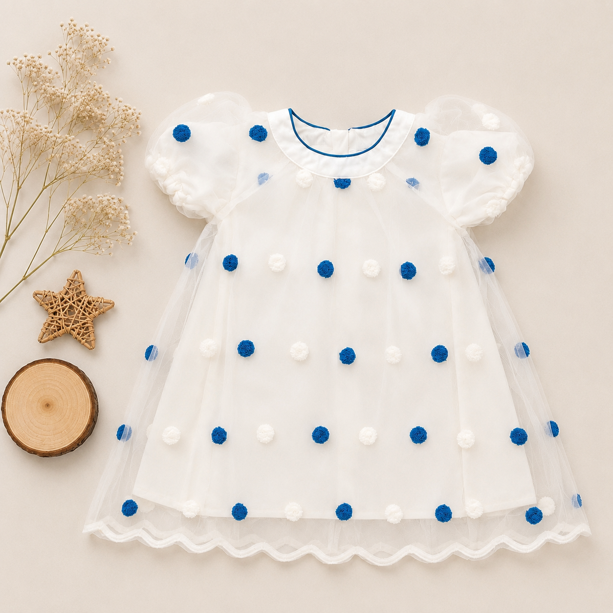 Polka Dot Tulle Overlay Frock, Blue & Pink